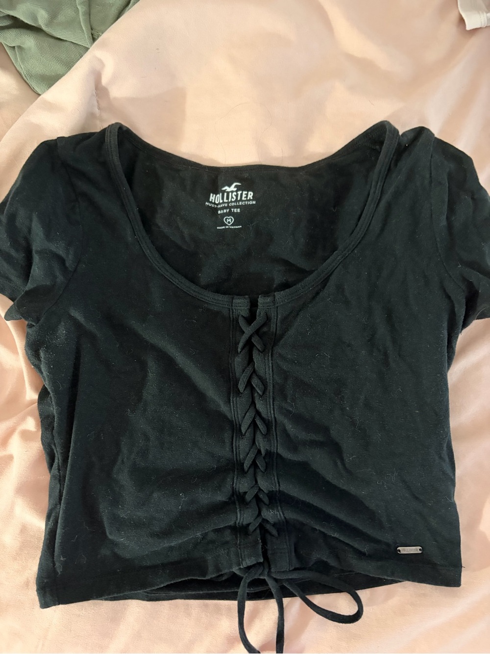 Hollister Black Front Lace-Up Short Sleeve Crop Top